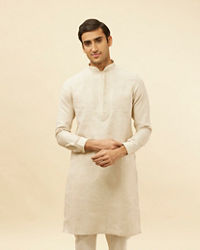 Manyavar Men Natural Beige Embroidered Neckline Kurta