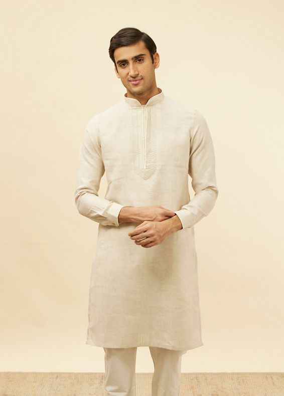 Manyavar Men Natural Beige Embroidered Neckline Kurta