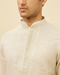 Manyavar Men Natural Beige Embroidered Neckline Kurta