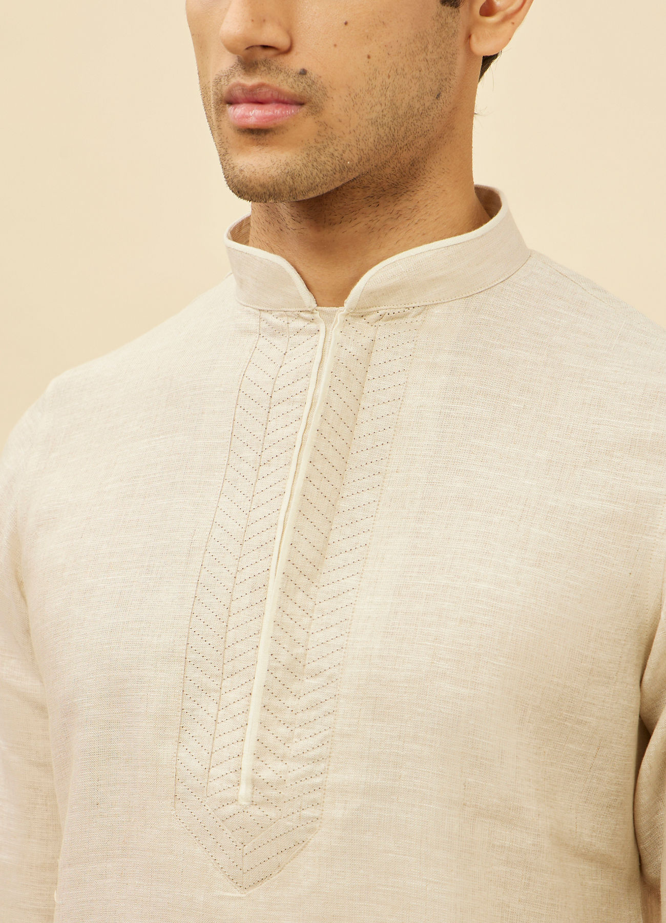 Manyavar Men Natural Beige Embroidered Neckline Kurta