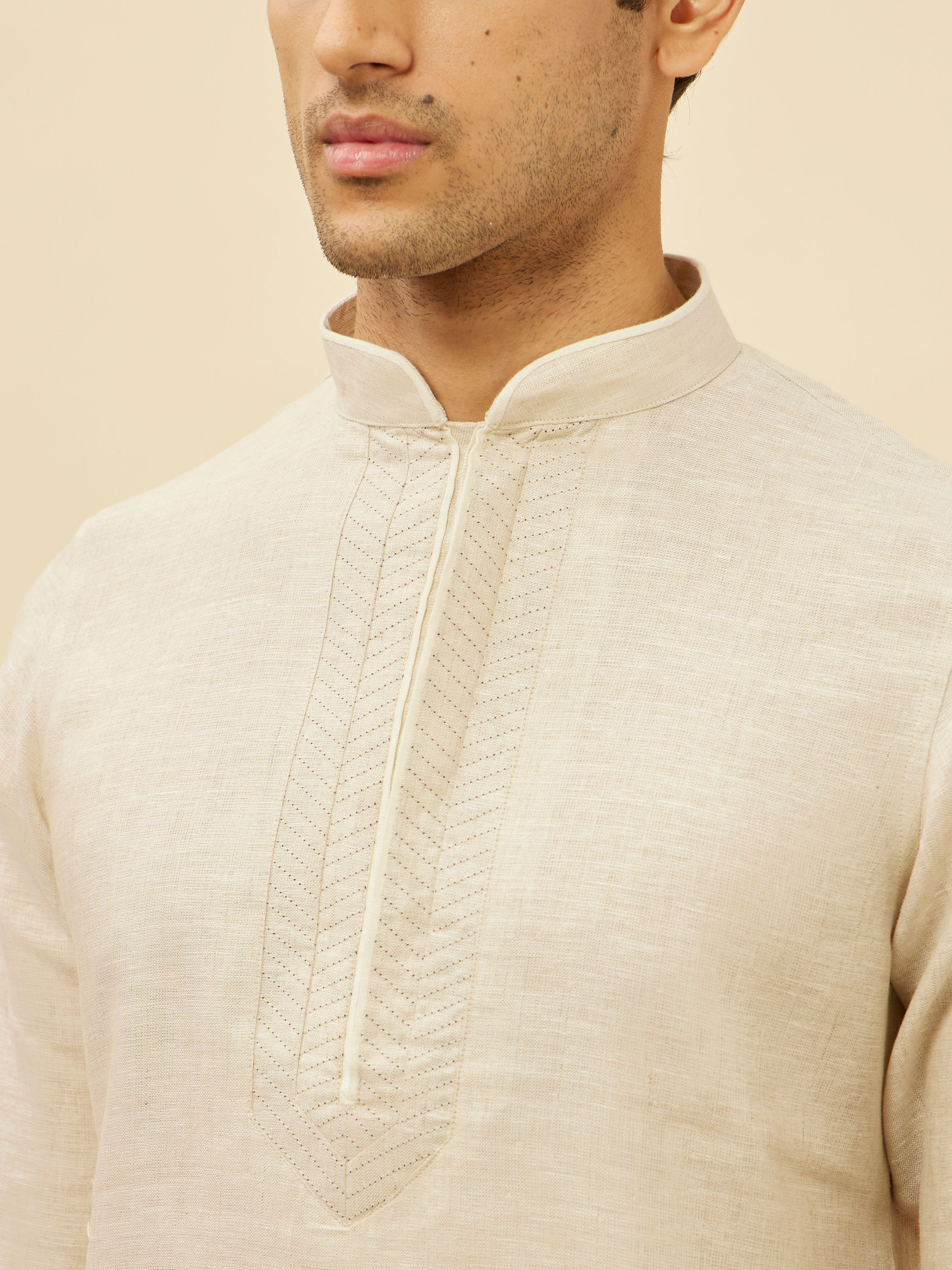 Manyavar Men Natural Beige Embroidered Neckline Kurta