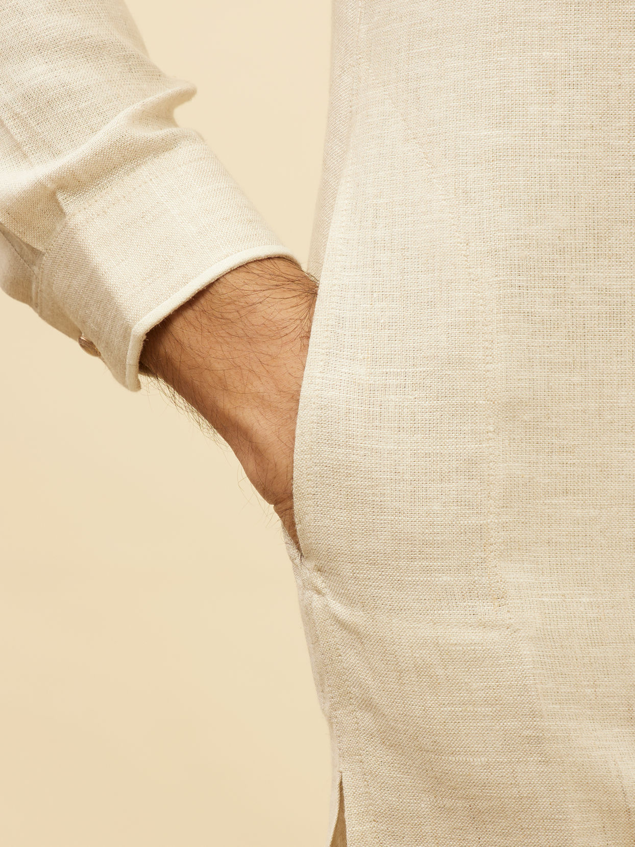 Manyavar Men Natural Beige Embroidered Neckline Kurta