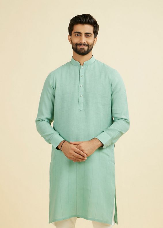 Manyavar Men Tropical Blue Chequered Patterned Kurta