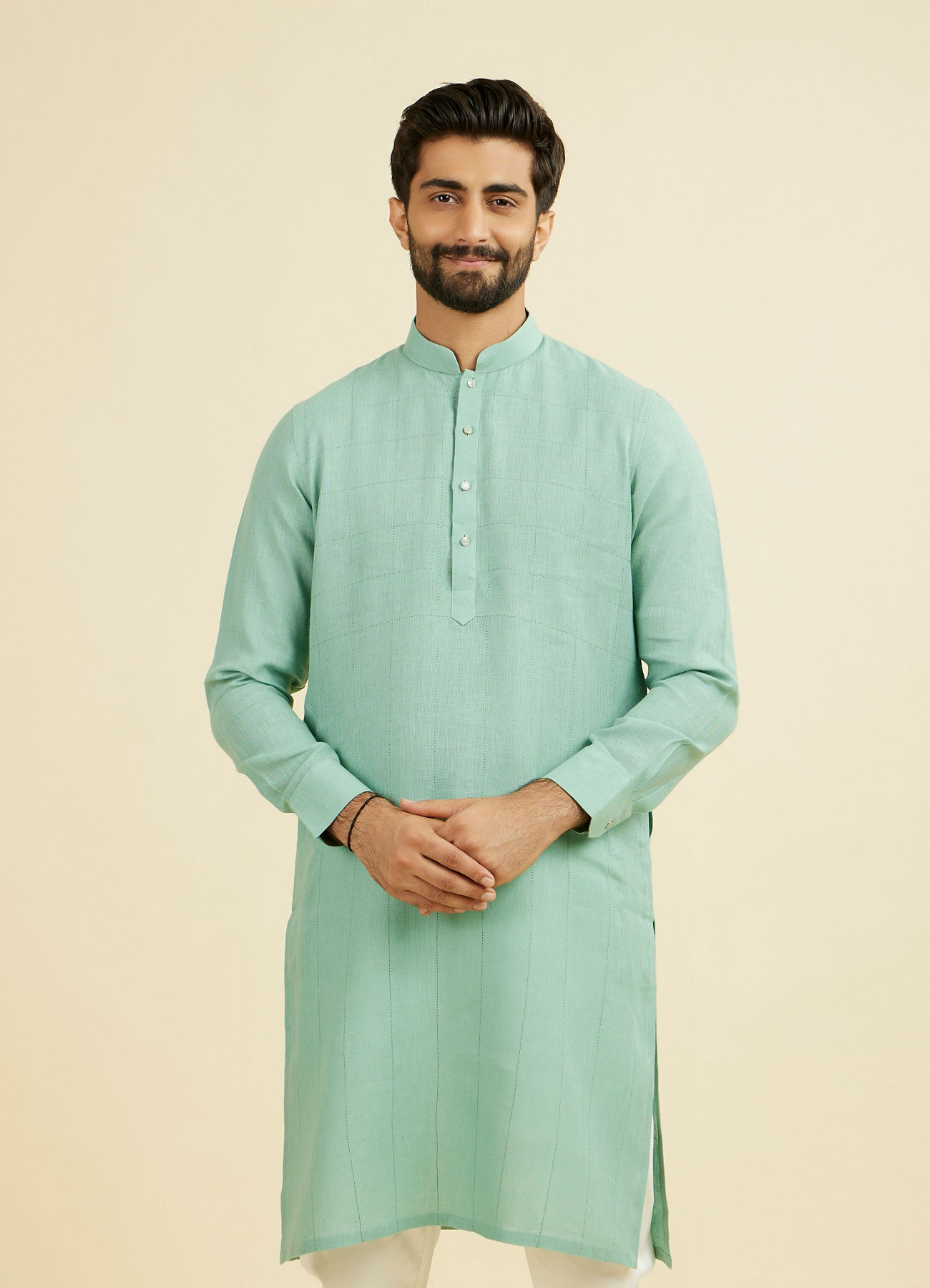 Manyavar Men Tropical Blue Chequered Patterned Kurta