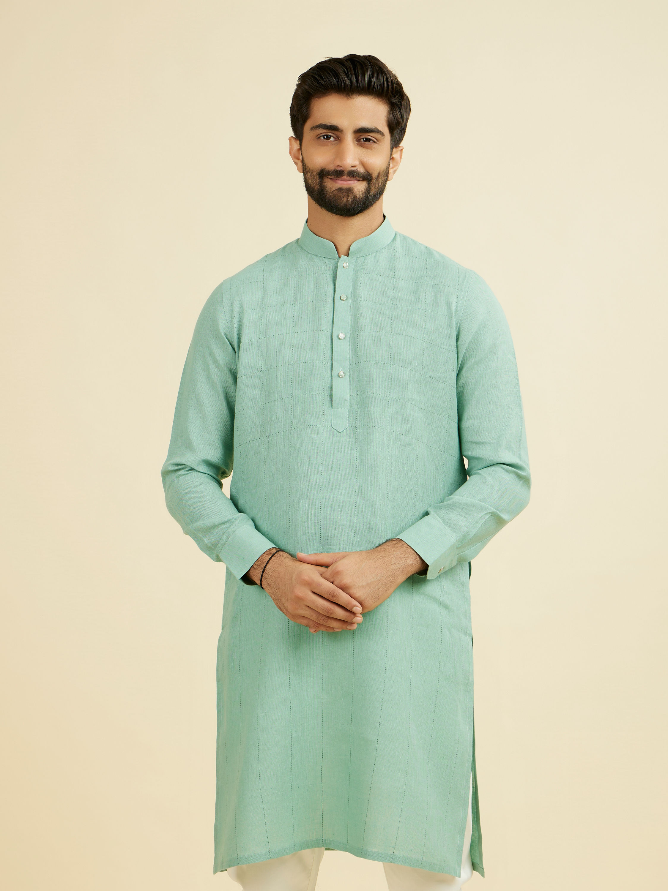 Manyavar Men Tropical Blue Chequered Patterned Kurta