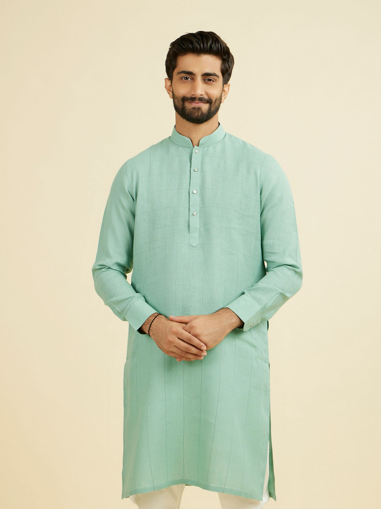 Manyavar Men Tropical Blue Chequered Patterned Kurta