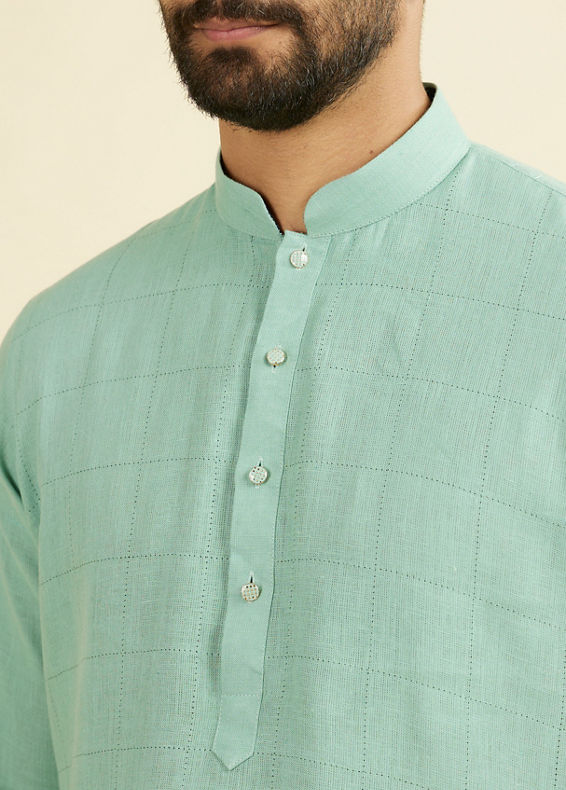 Manyavar Men Tropical Blue Chequered Patterned Kurta