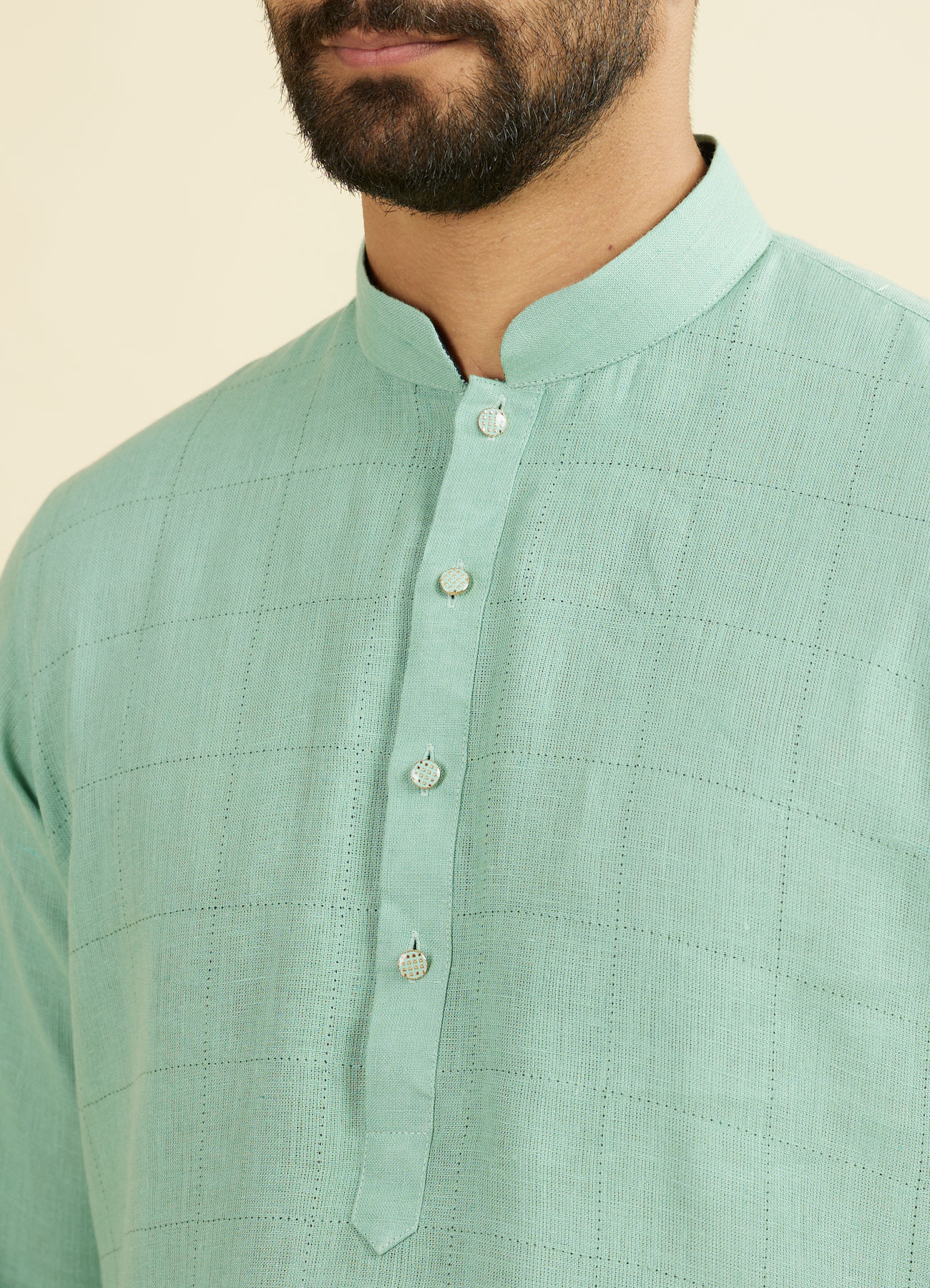 Manyavar Men Tropical Blue Chequered Patterned Kurta
