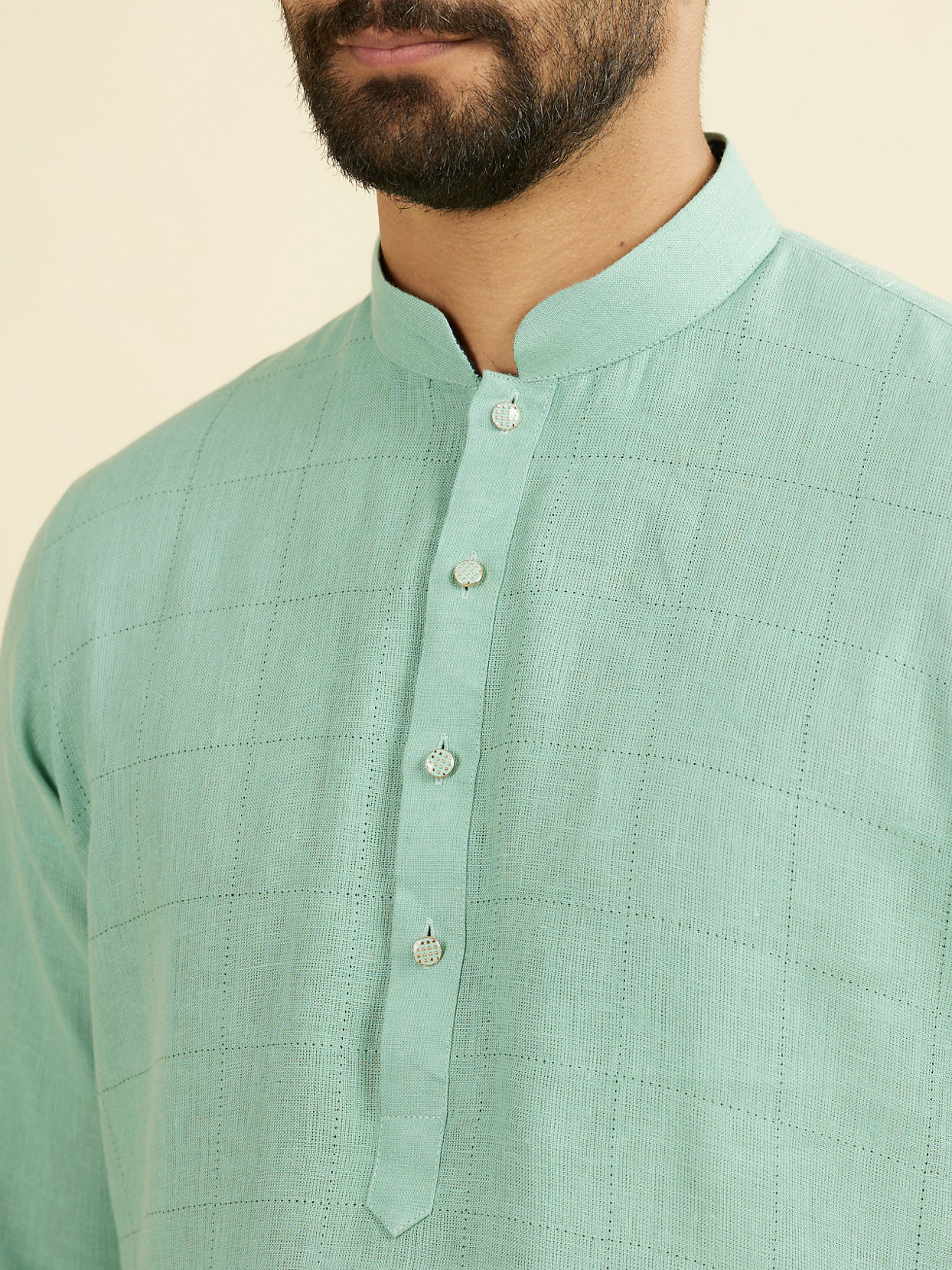 Manyavar Men Tropical Blue Chequered Patterned Kurta