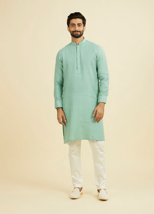 Manyavar Men Tropical Blue Chequered Patterned Kurta