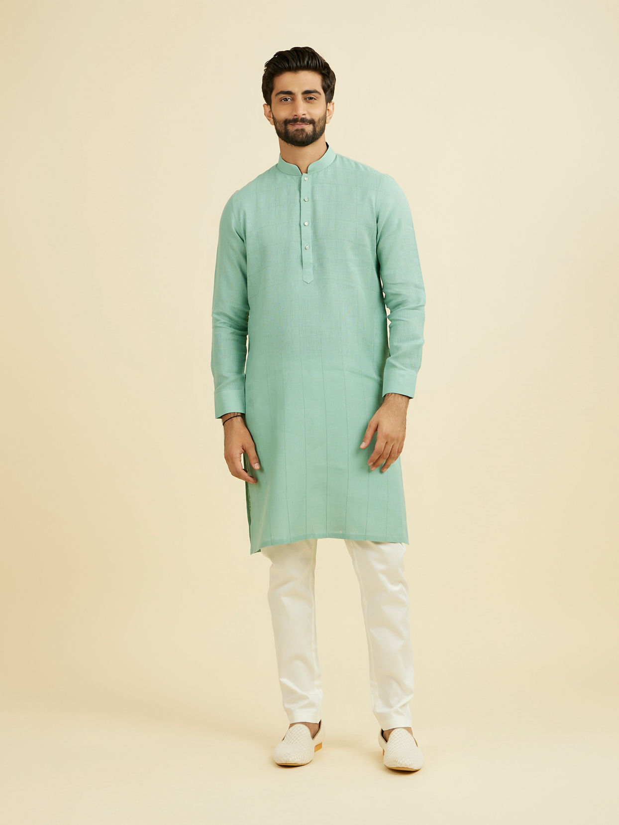Manyavar Men Tropical Blue Chequered Patterned Kurta