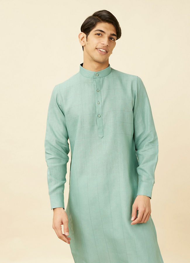 Tropical Blue Chequered Patterned Kurta image number 0
