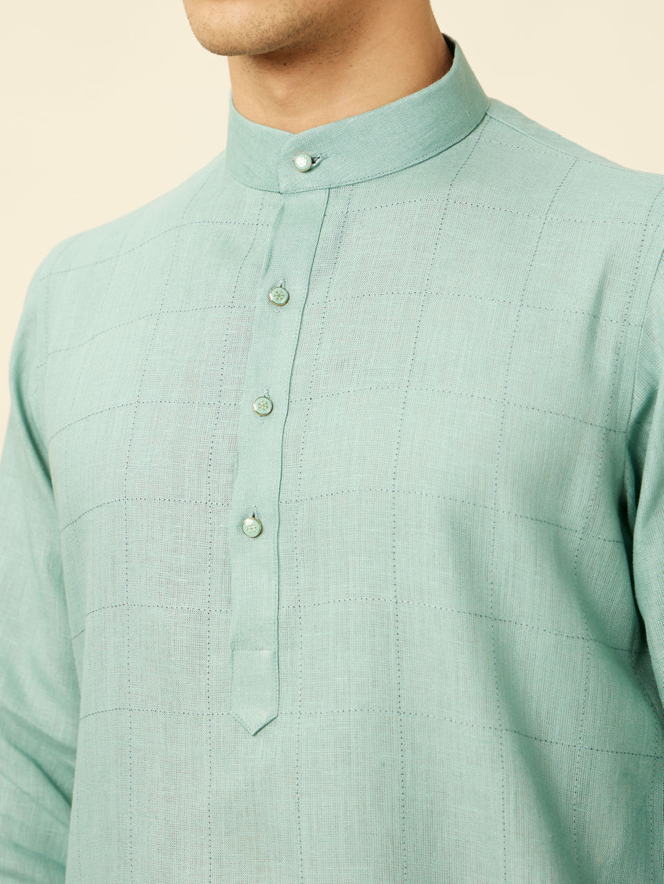 Manyavar Men Tropical Blue Chequered Patterned Kurta