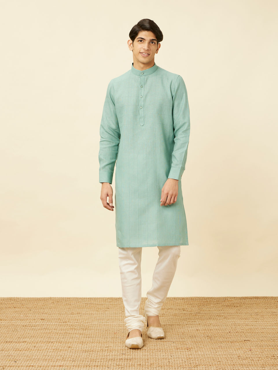 Manyavar Men Tropical Blue Chequered Patterned Kurta