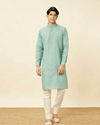 alt message - Manyavar Men Tropical Blue Chequered Patterned Kurta image number 2