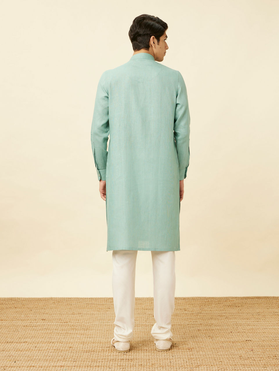 Manyavar Men Tropical Blue Chequered Patterned Kurta