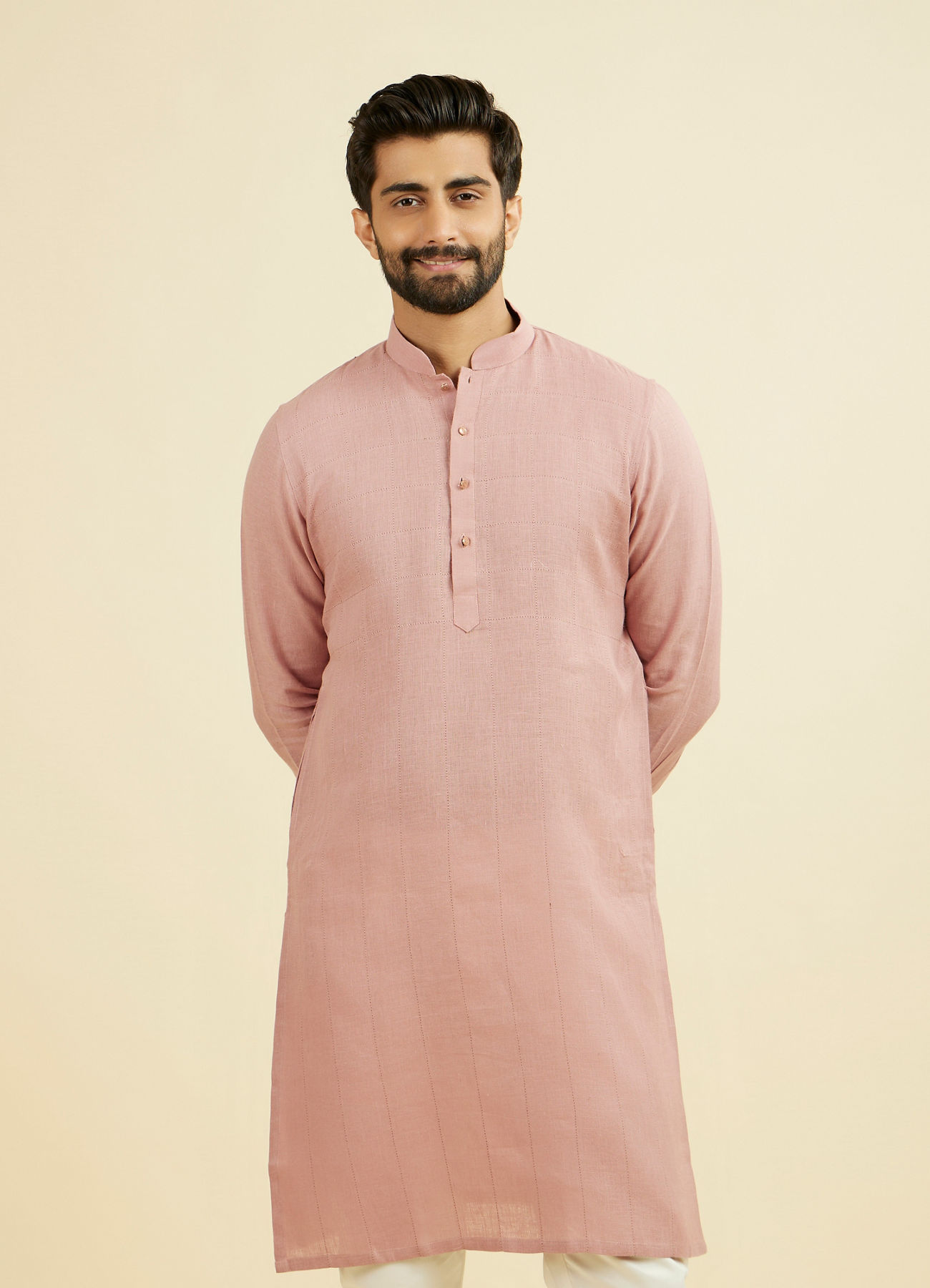 Manyavar Men Quartz Pink Chequered Patterned Kurta