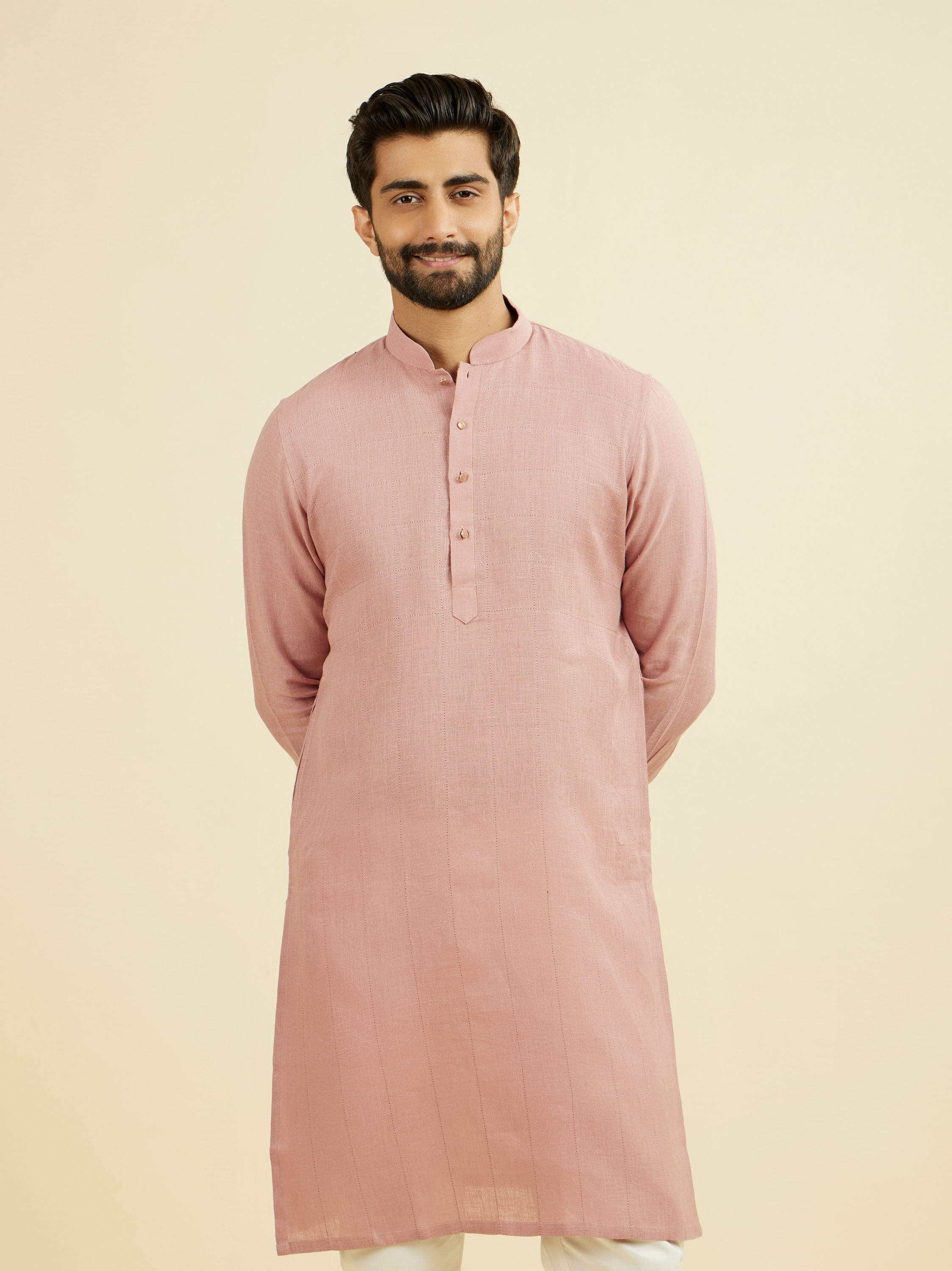 Manyavar Men Quartz Pink Chequered Patterned Kurta