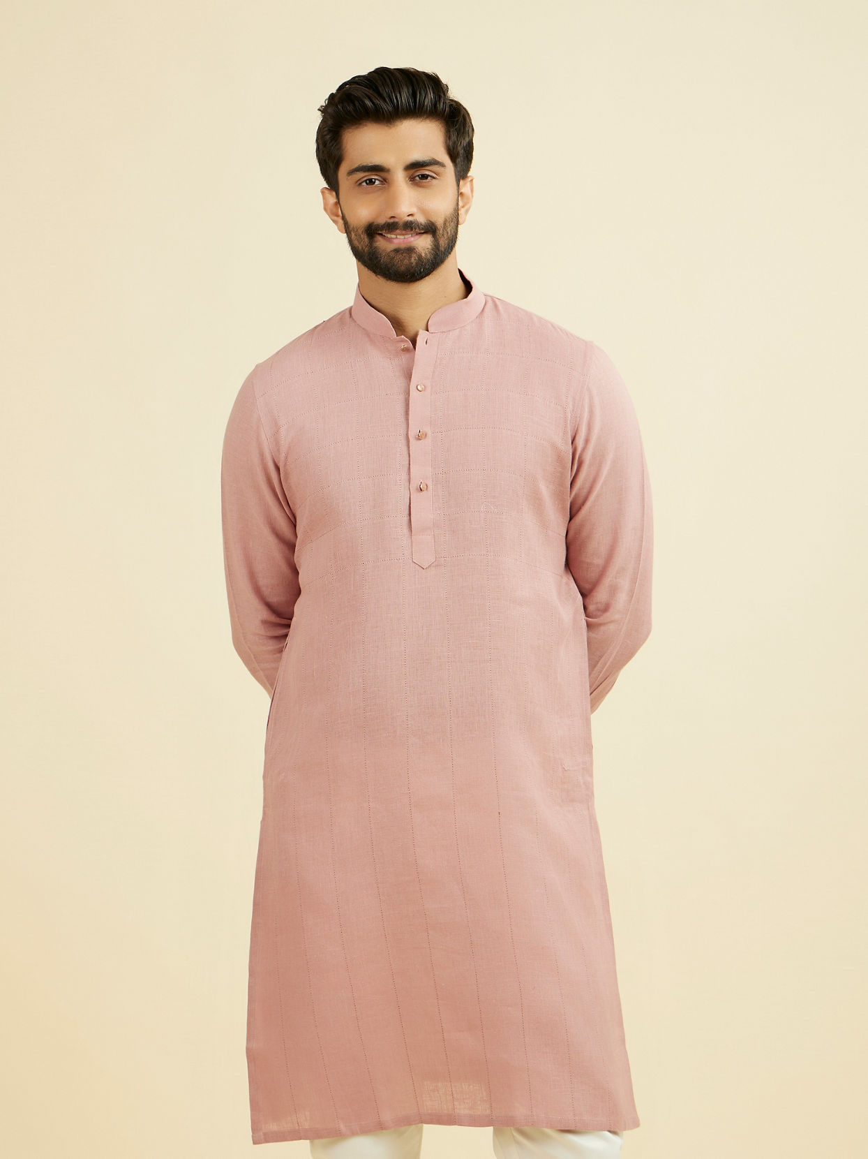 Manyavar Men Quartz Pink Chequered Patterned Kurta