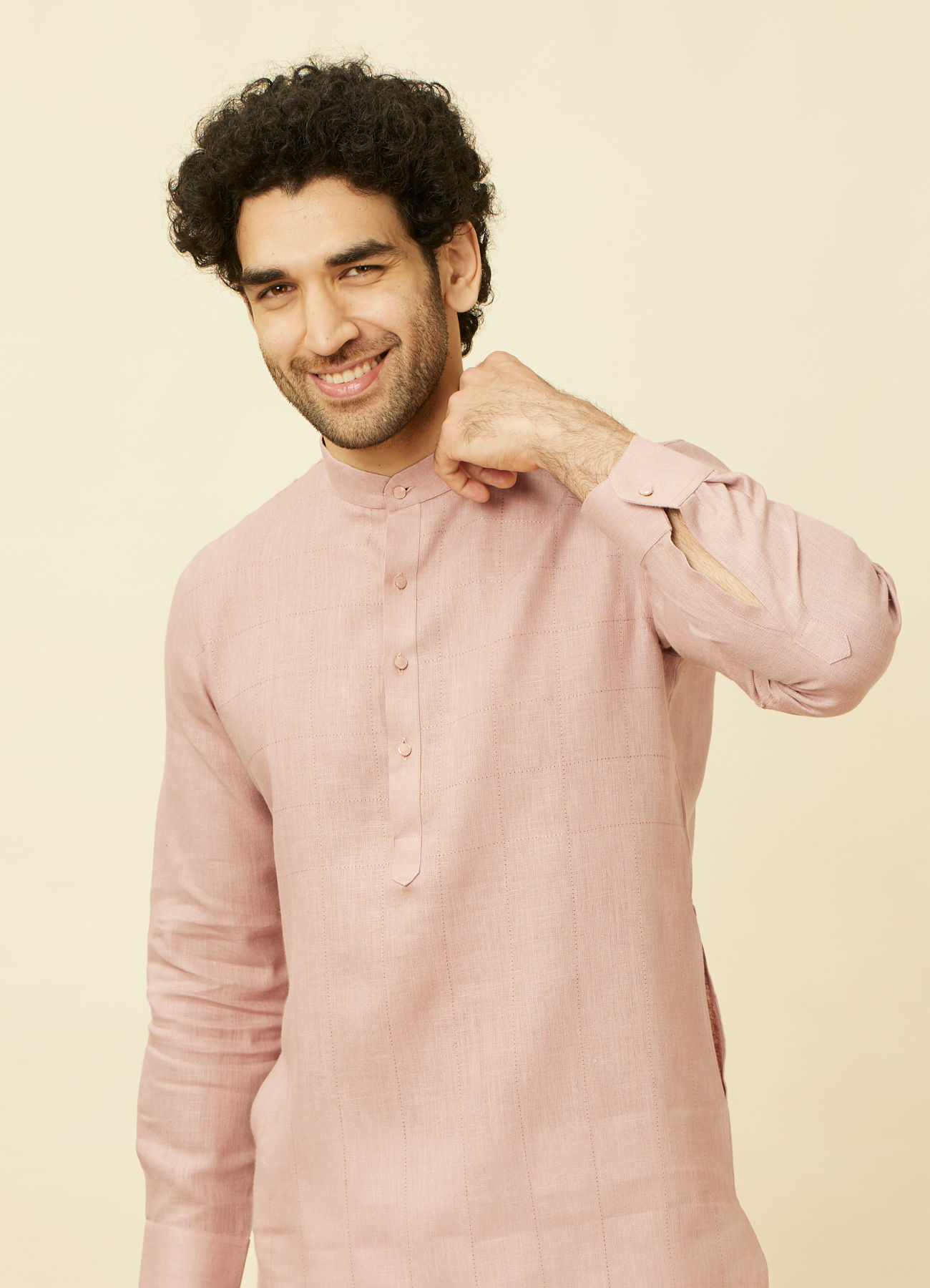 Manyavar Men Quartz Pink Chequered Patterned Kurta