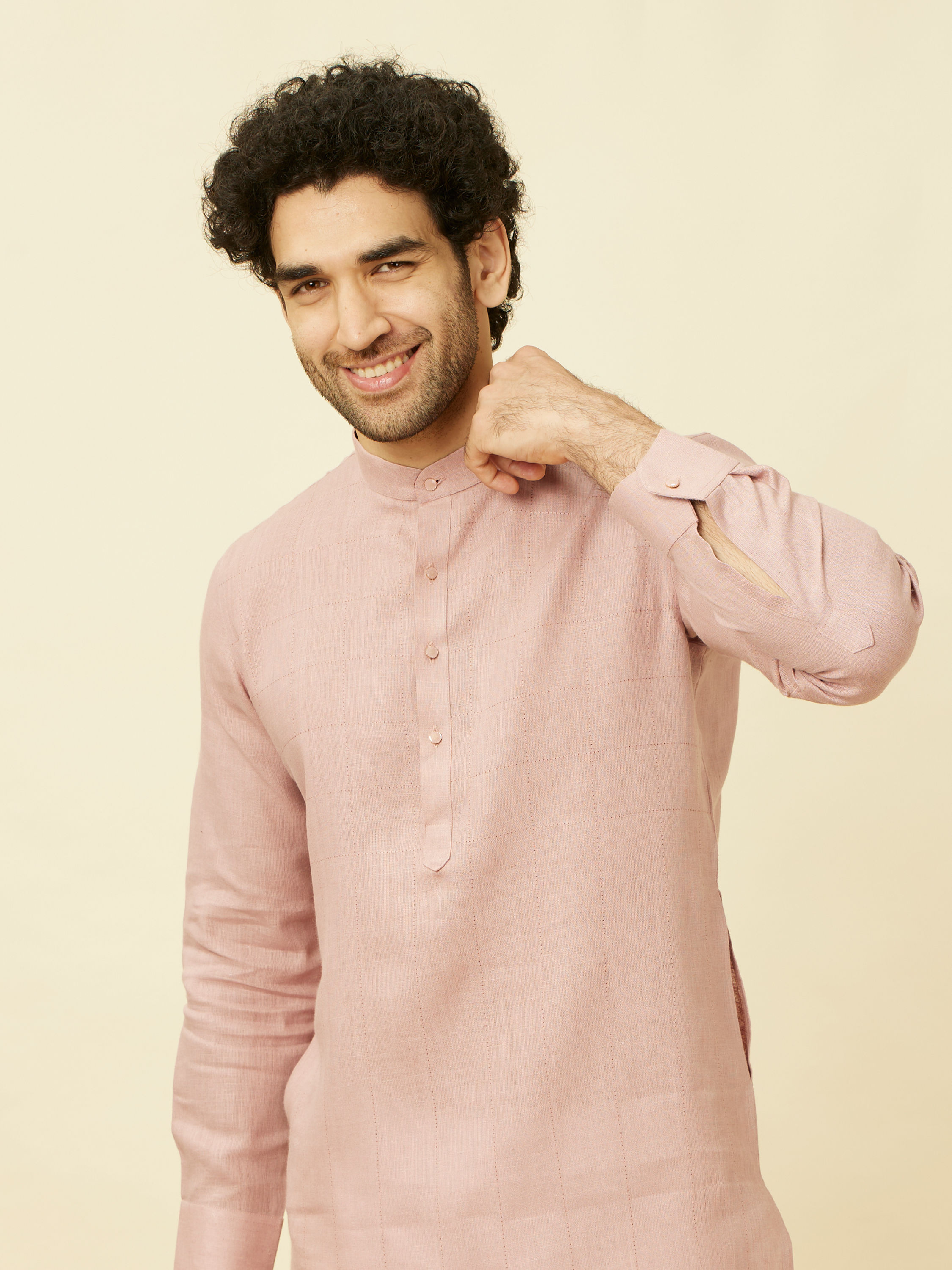 Manyavar Men Quartz Pink Chequered Patterned Kurta