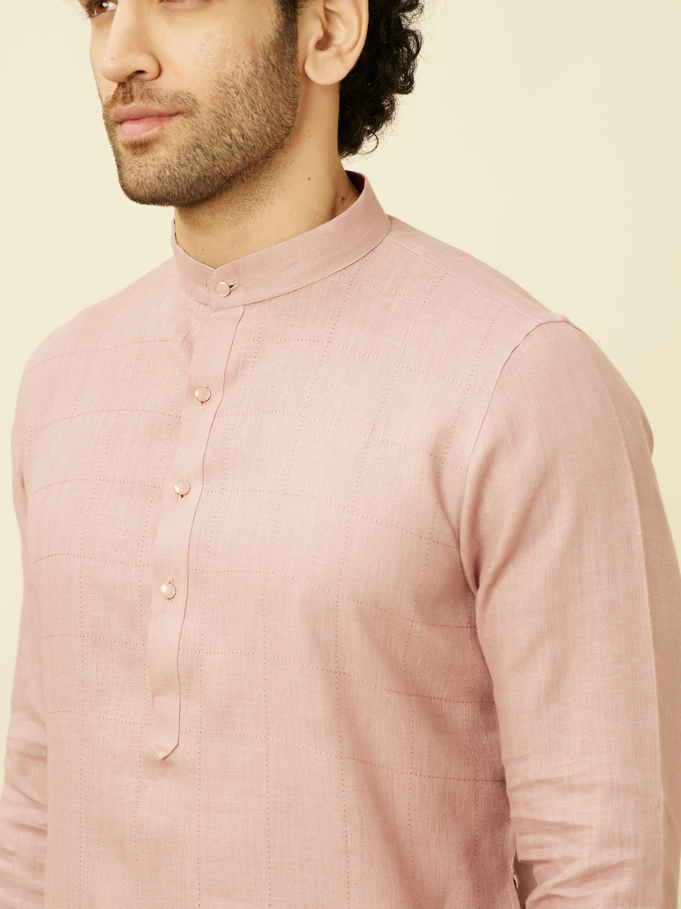 Manyavar Men Quartz Pink Chequered Patterned Kurta