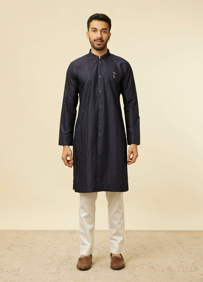 Manyavar Men Dark Blue Chevron Patterned Kurta