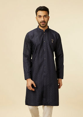 alt message - Manyavar Men Dark Blue Chevron Patterned Kurta image number 0