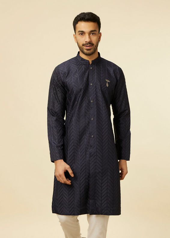 Manyavar Men Dark Blue Chevron Patterned Kurta