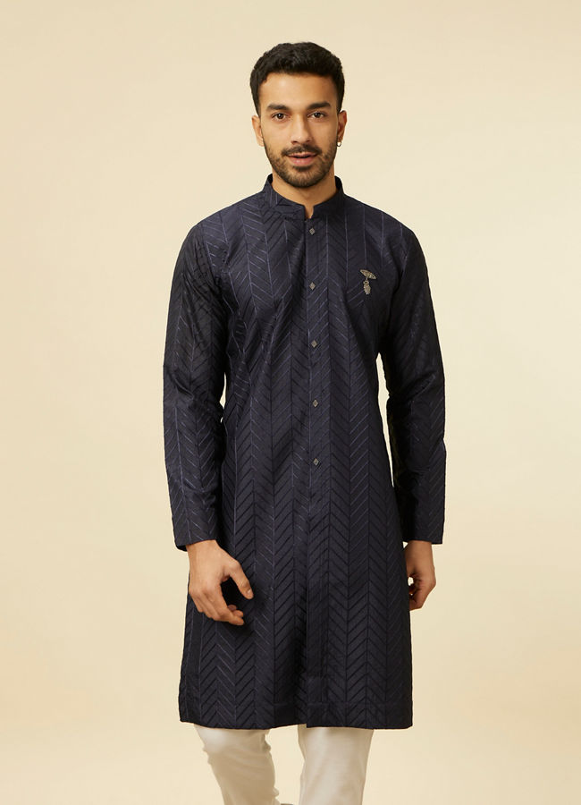 alt message - Manyavar Men Dark Blue Chevron Patterned Kurta image number 0