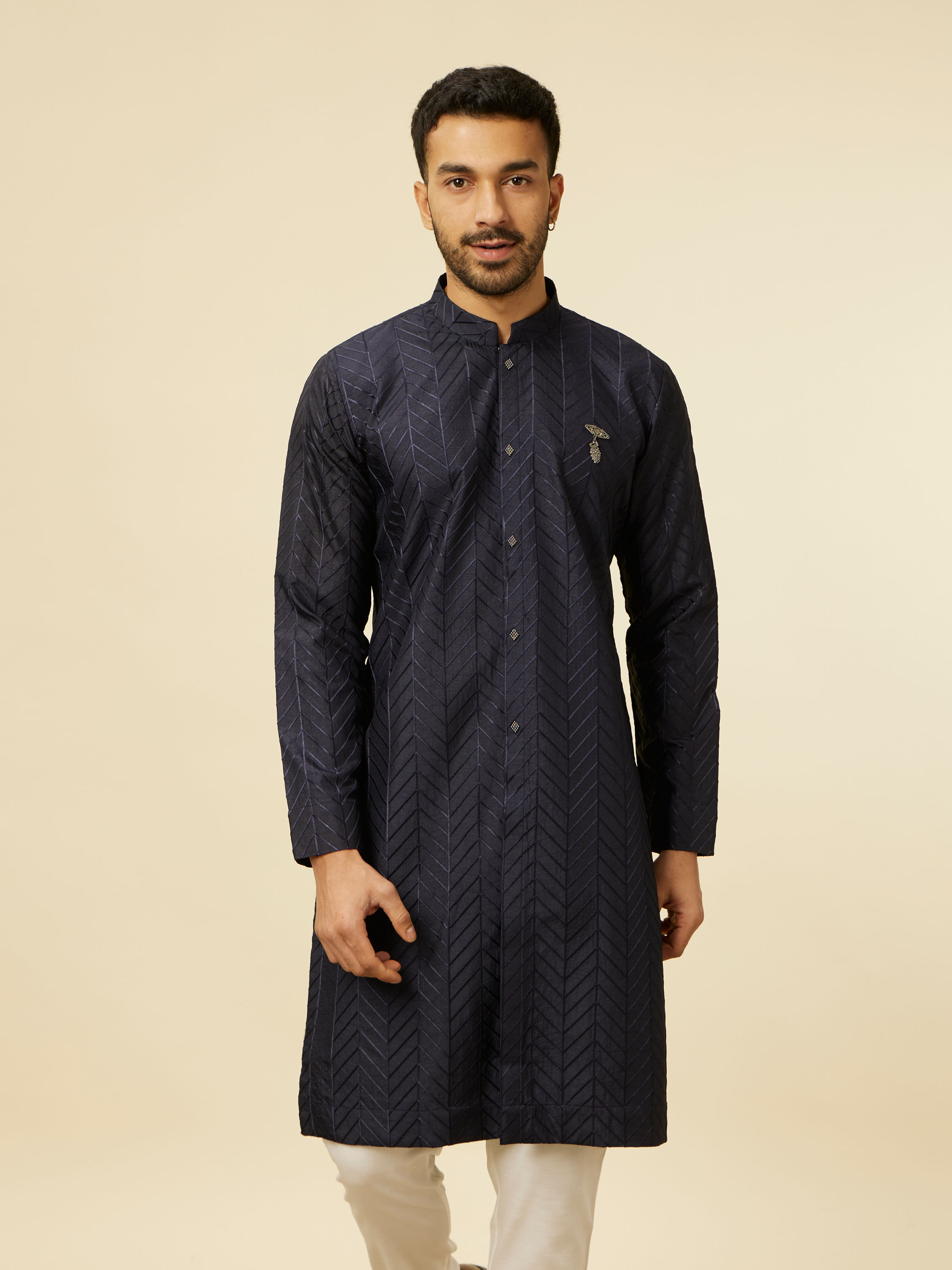 Manyavar Men Dark Blue Chevron Patterned Kurta