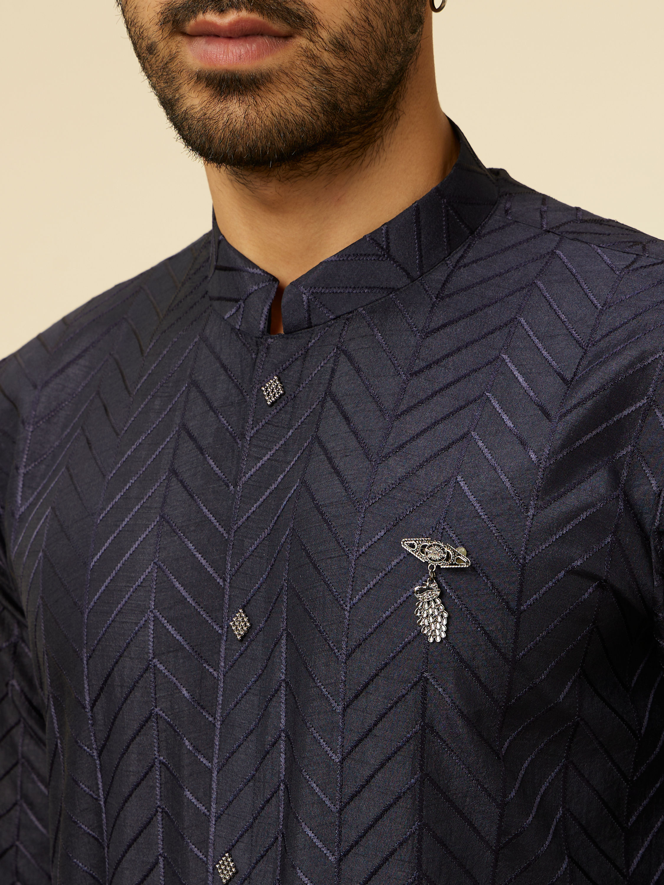 Manyavar Men Dark Blue Chevron Patterned Kurta