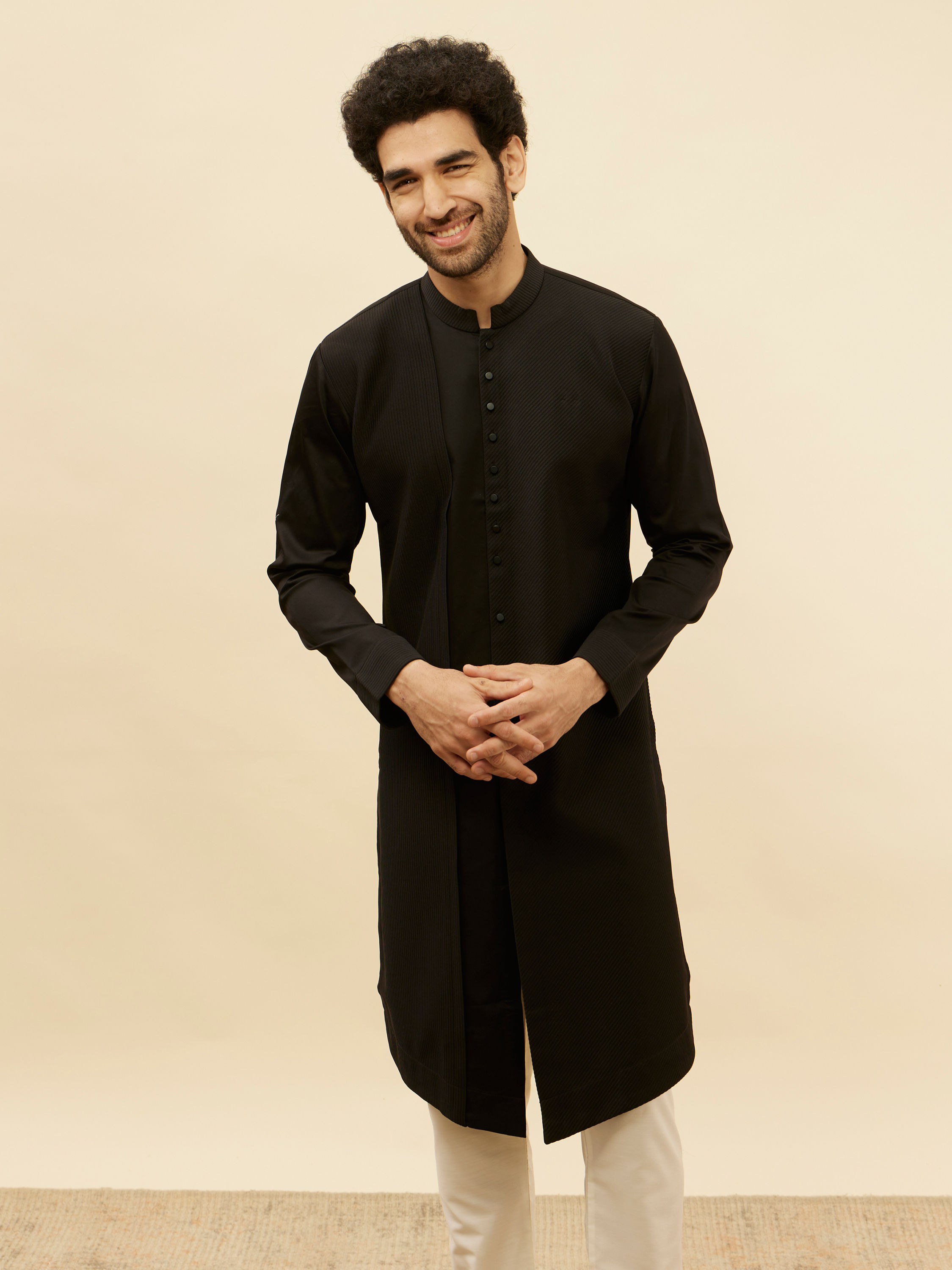 Manyavar Men Kohl Black Textured Kurta