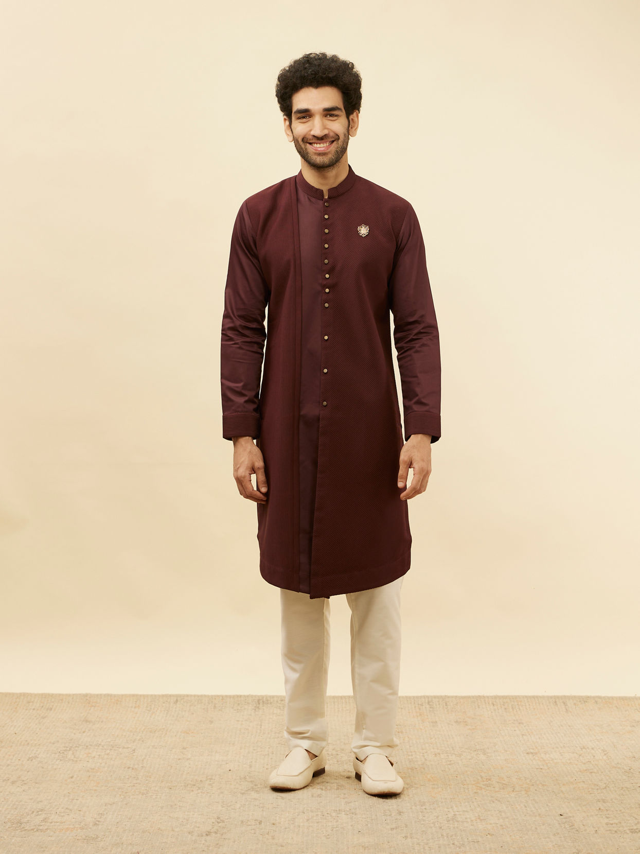 Manyavar Men Wine Red Textured Kurta