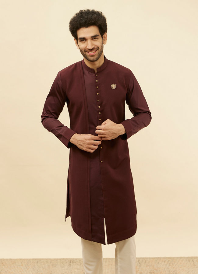 Manyavar Men Wine Red Textured Kurta