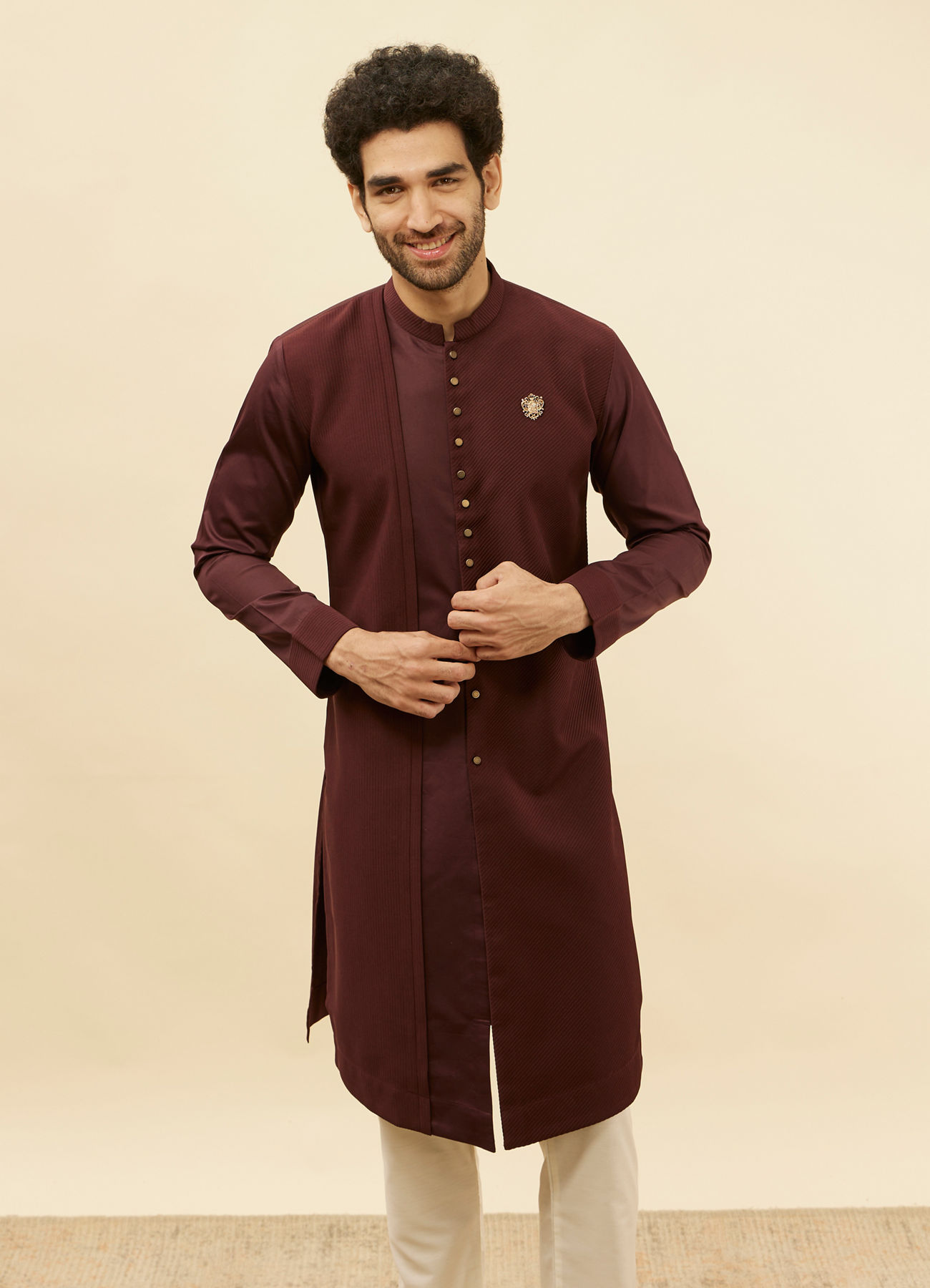 Manyavar Men Wine Red Textured Kurta