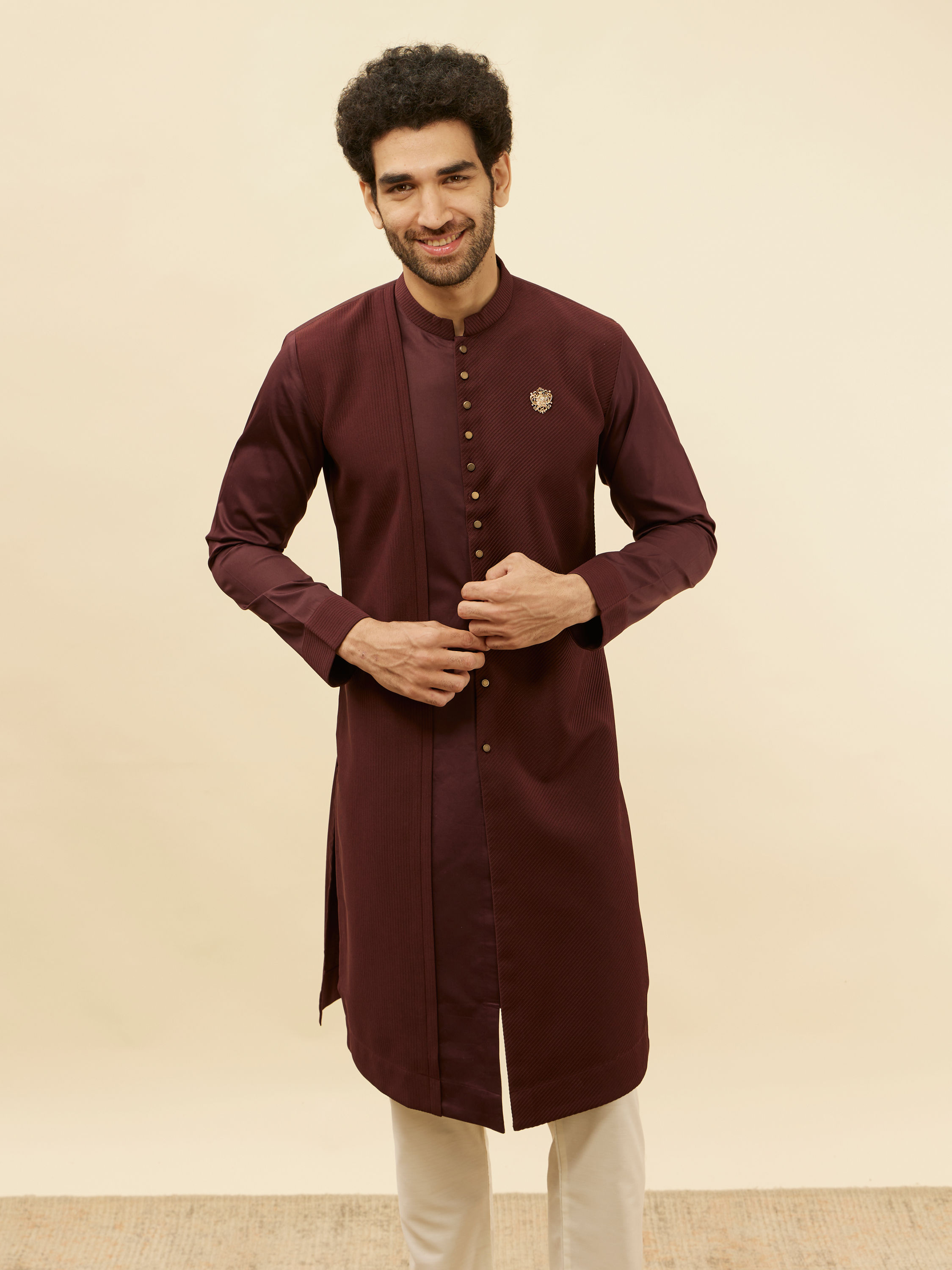 Manyavar Men Wine Red Textured Kurta