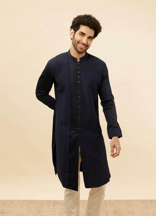 alt message - Manyavar Men Navy Blue Textured Kurta image number 0