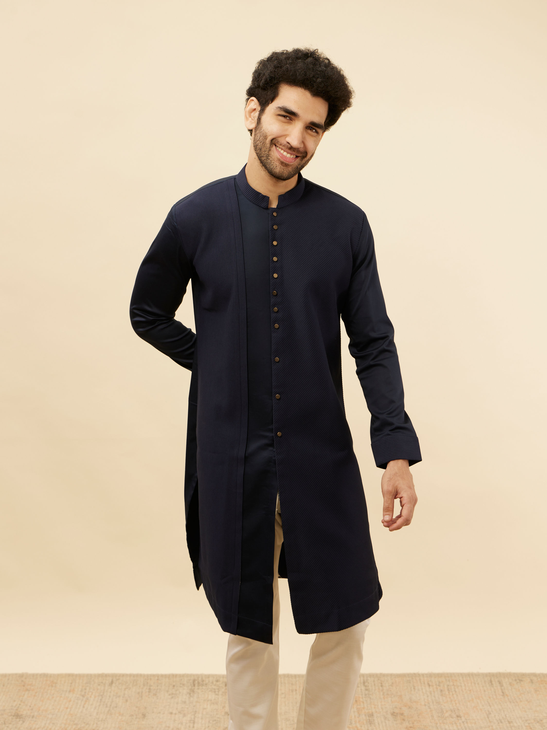 Manyavar Men Navy Blue Textured Kurta