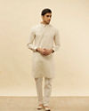 Manyavar Men Natural Beige Self Rose Printed Kurta