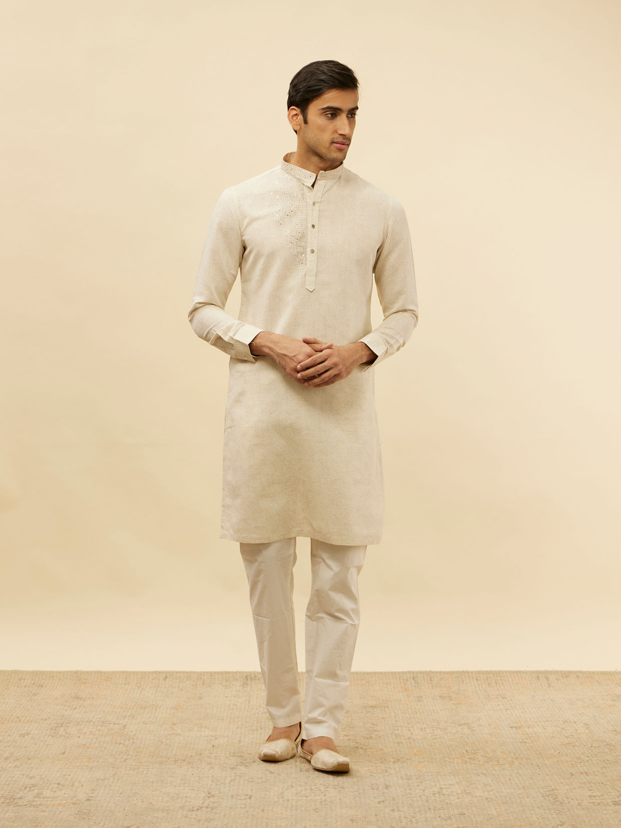 Manyavar Men Natural Beige Self Rose Printed Kurta