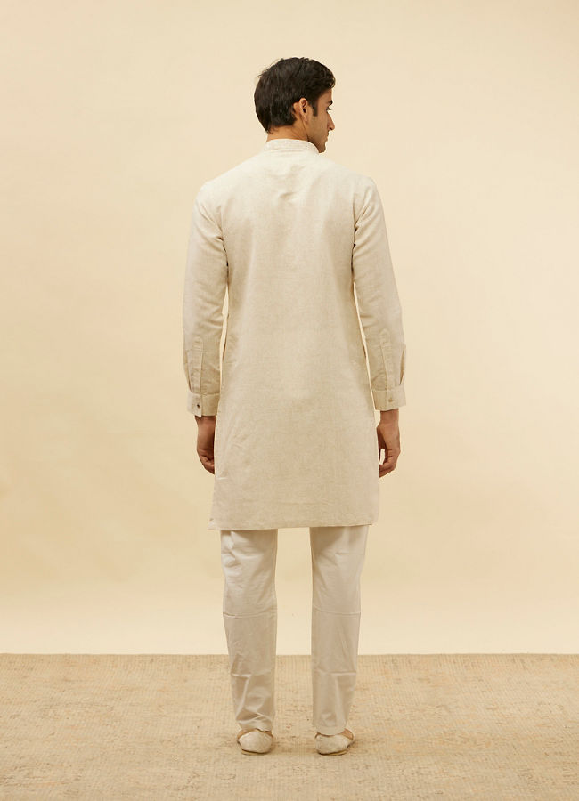 Manyavar Men Natural Beige Self Rose Printed Kurta
