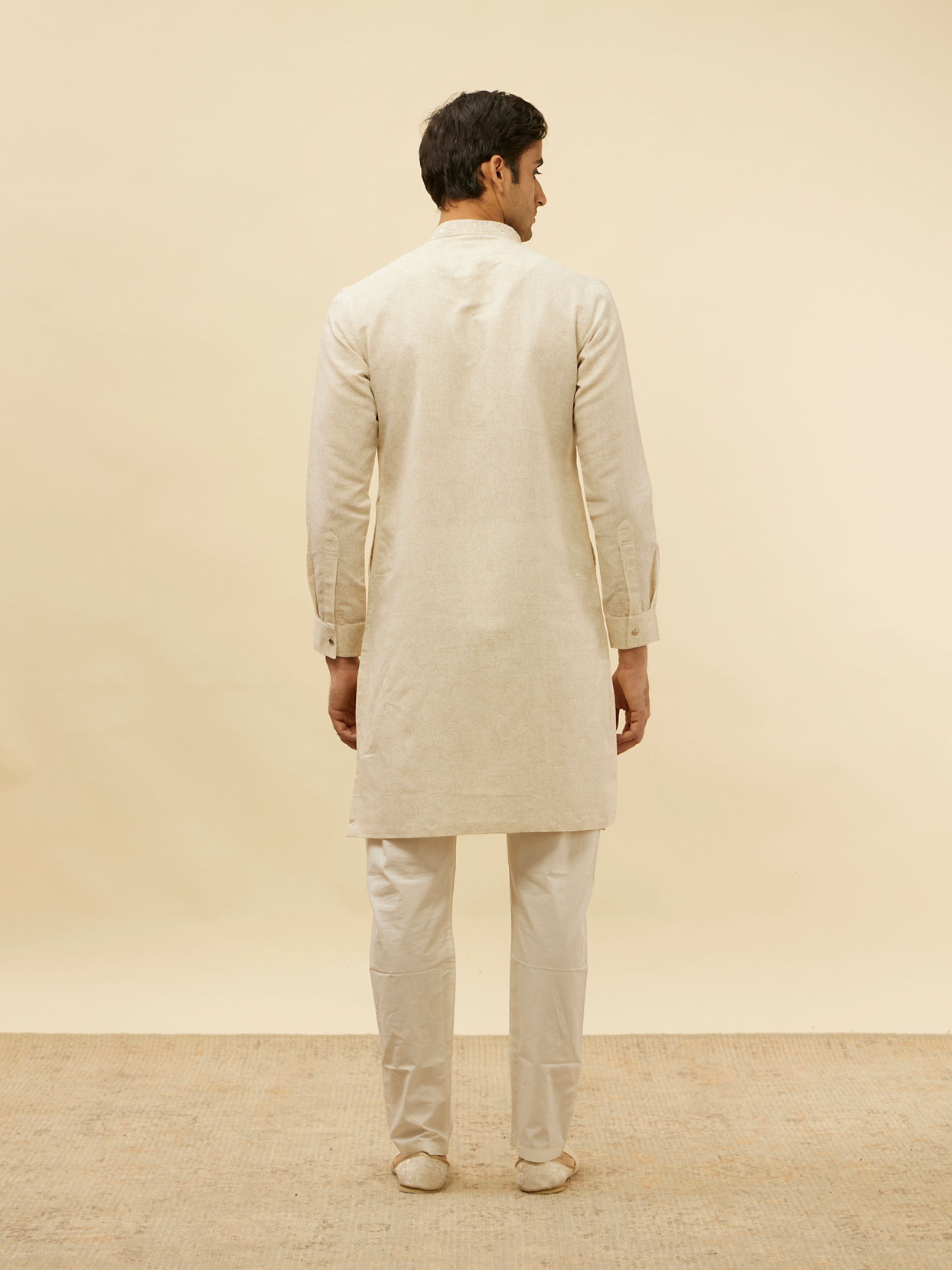 Manyavar Men Natural Beige Self Rose Printed Kurta