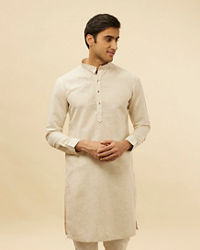Manyavar Men Natural Beige Self Rose Printed Kurta