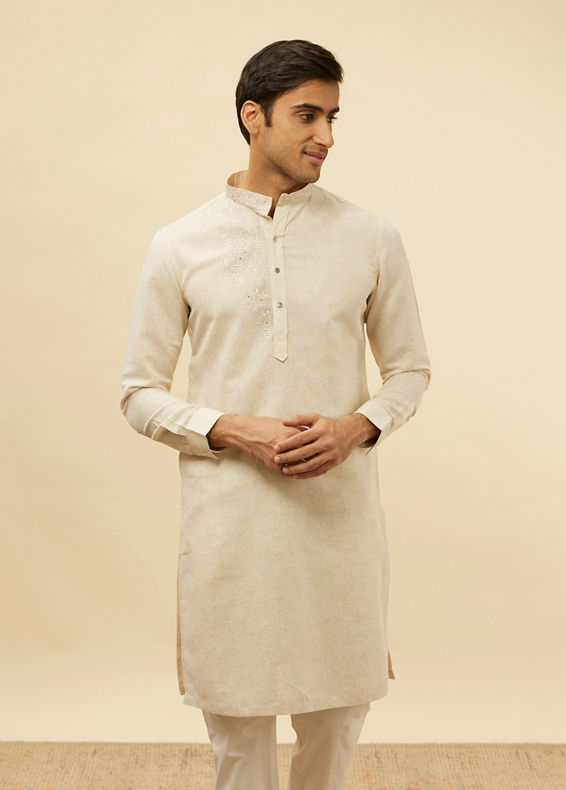 Manyavar Men Natural Beige Self Rose Printed Kurta