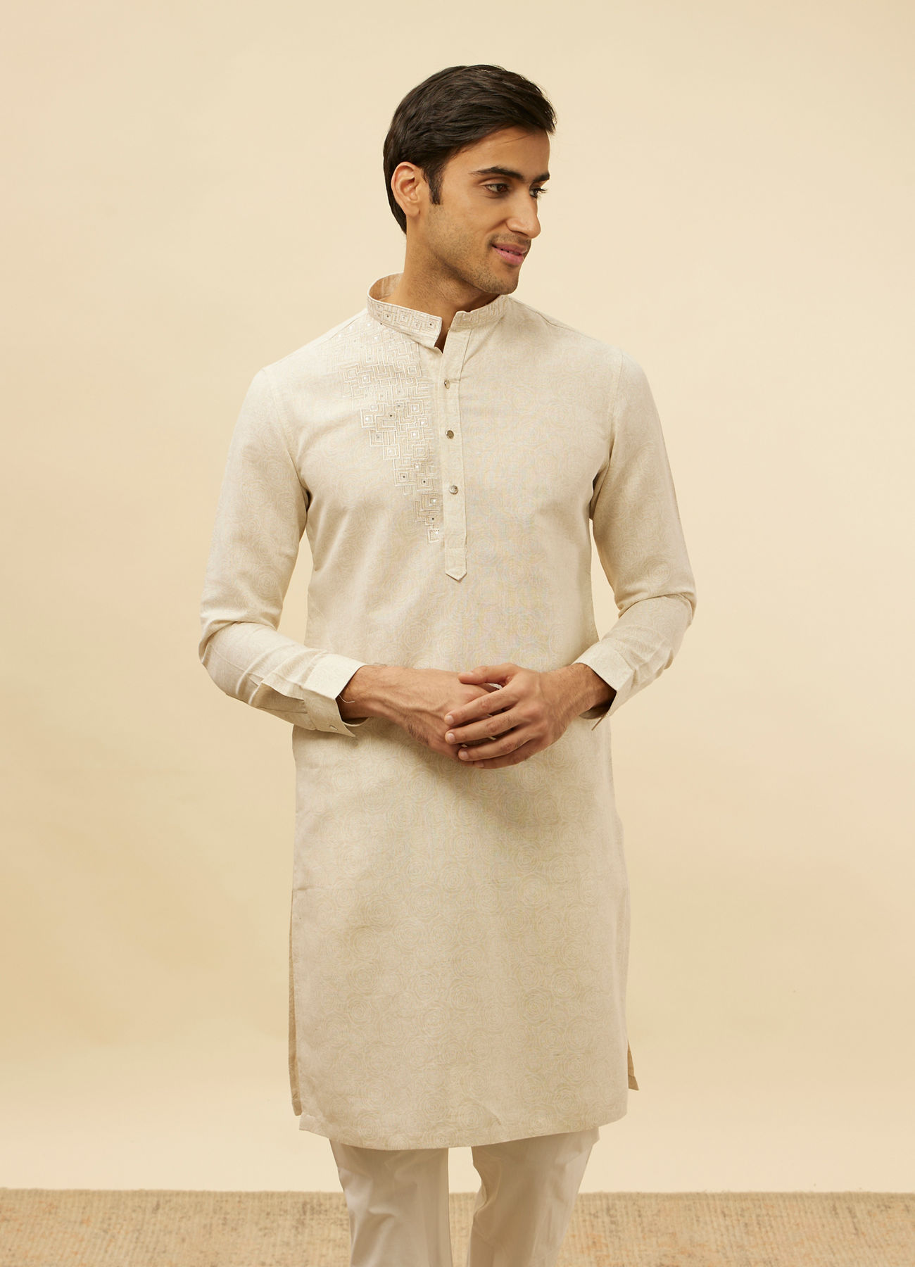 Manyavar Men Natural Beige Self Rose Printed Kurta