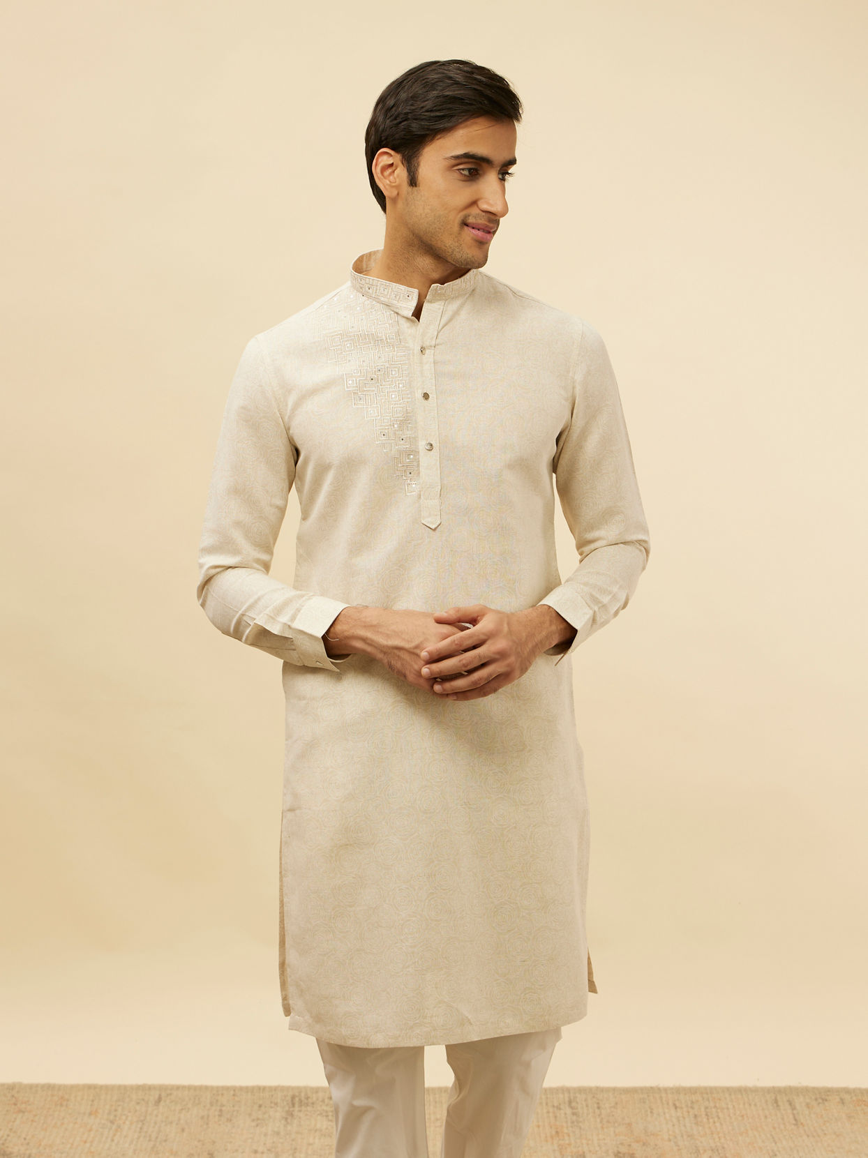 Manyavar Men Natural Beige Self Rose Printed Kurta