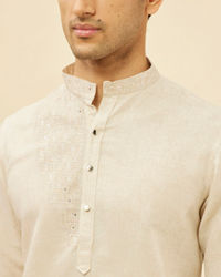 Manyavar Men Natural Beige Self Rose Printed Kurta