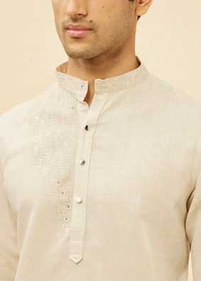 Manyavar Men Natural Beige Self Rose Printed Kurta