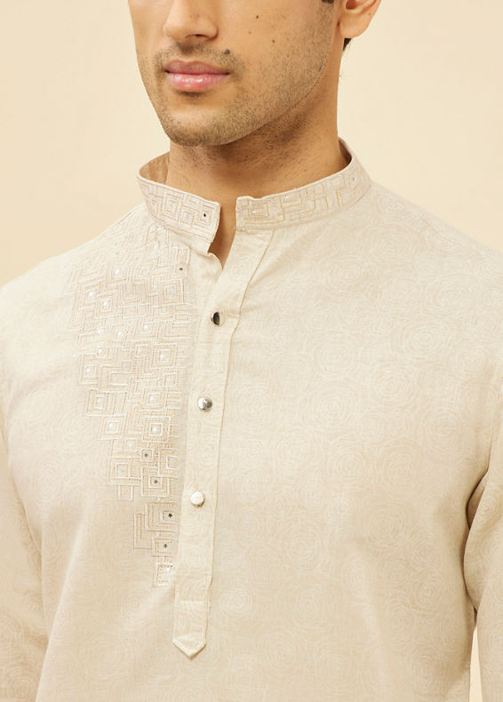Manyavar Men Natural Beige Self Rose Printed Kurta